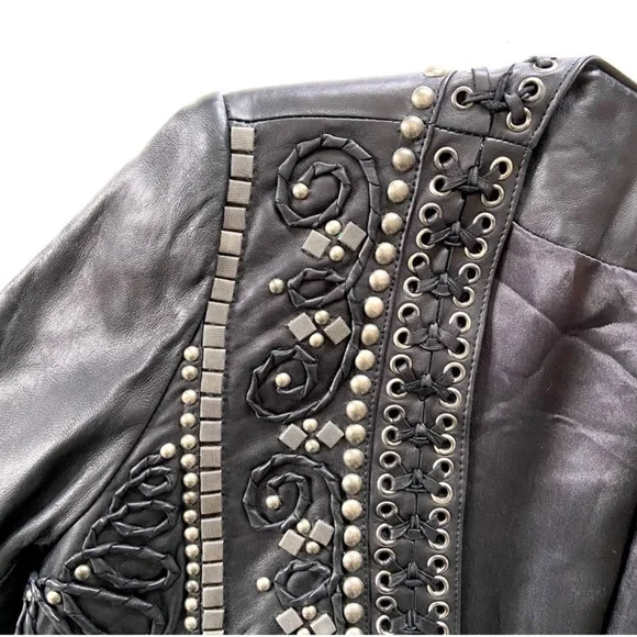 Double D Ranch Black Genuine Leather Beaded Studded Open Bolero Jacket - Picture 2 of 11